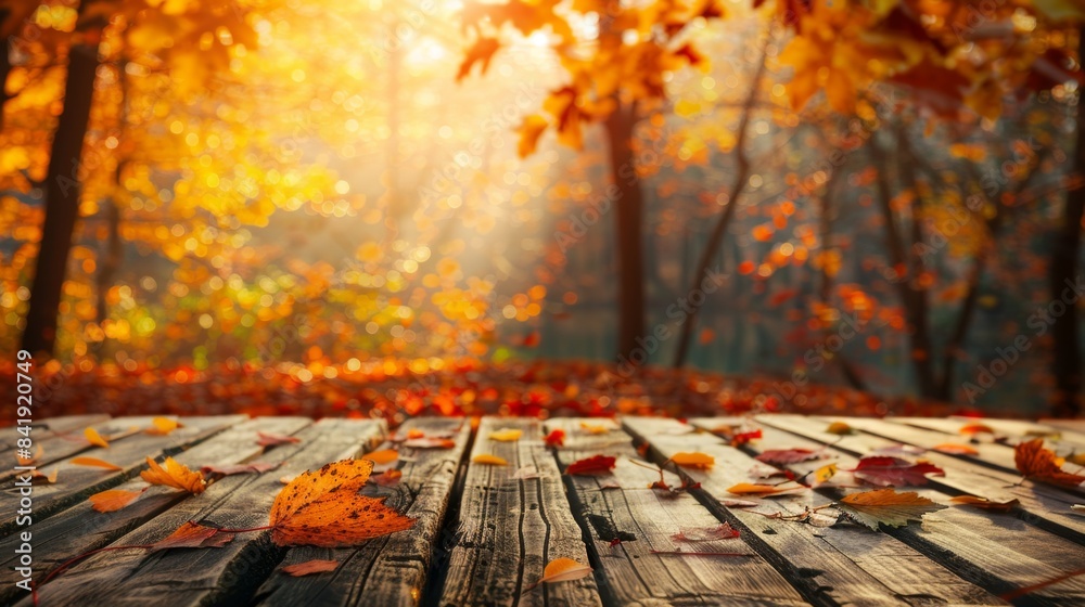 Beautiful Autumn Forest Scenery with Sunlight and Falling Leaves, Generative AI Beautiful Autumn Forest Scenery with Sunlight and Falling Leaves, Generative AI