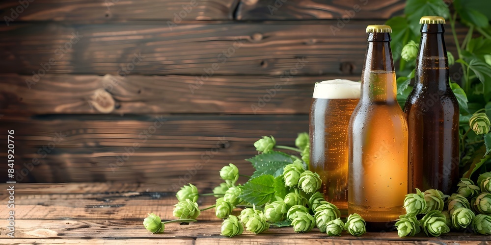 Craft Beer Bottles and Fresh Hops on Rustic Wooden Surface with Warm Lighting. Concept Craft Beer, Fresh Hops, Rustic, Wooden Surface, Warm Lighting