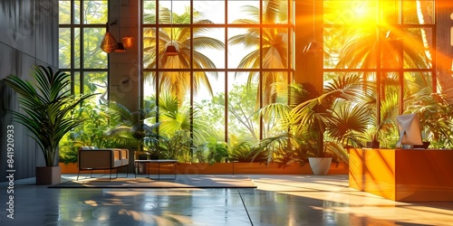 Tropical Vibe in the Office Palm Trees Seen Through Large Windows. Concept Tropical Office Decor, Indoor Palm Trees, Large Windows, Office Interior Design © Anastasiia