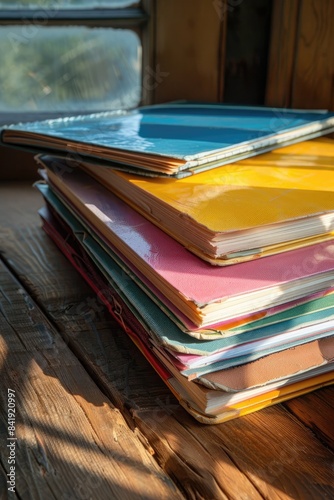 A stack of colorful notebooks with textured covers, fanned out on a wooden table. Sunlight filters through a window, casting dappled shadows across the pages. Ample space above the notebooks for photo