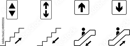 Elevator escalator stairs sign up and down icon isolated on white background flat vector illustration. 