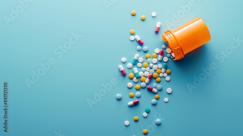 container and scattered pills isolated on blue background photo