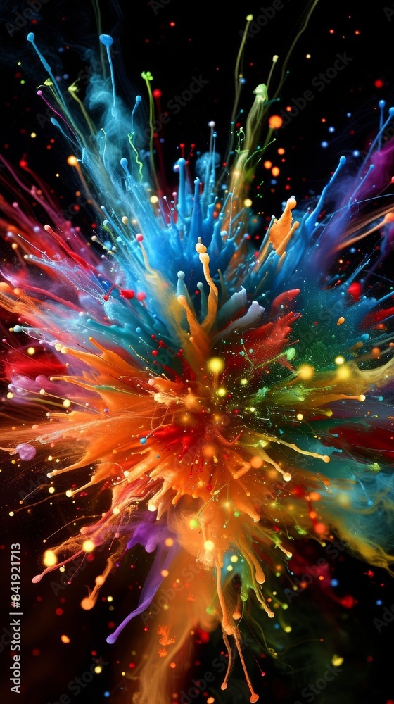 Exploding multicolored paint splash, dark background. Dynamic art and creativity concept Exploding multicolored paint splash, dark background. Dynamic art and creativity concept