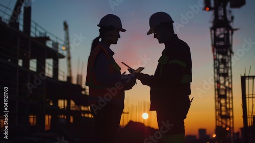 Two construction workers are standing on a building site, looking at a tablet