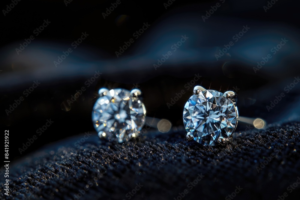 A close-up shot of a pair of sparkling diamond earrings with intricate details, resting on a black velvet cushion. Light reflects off the facets, creating a mesmerizing display. Top left corner for A close-up shot of a pair of sparkling diamond earrings with intricate details, resting on a black velvet cushion. Light reflects off the facets, creating a mesmerizing display. Top left corner for