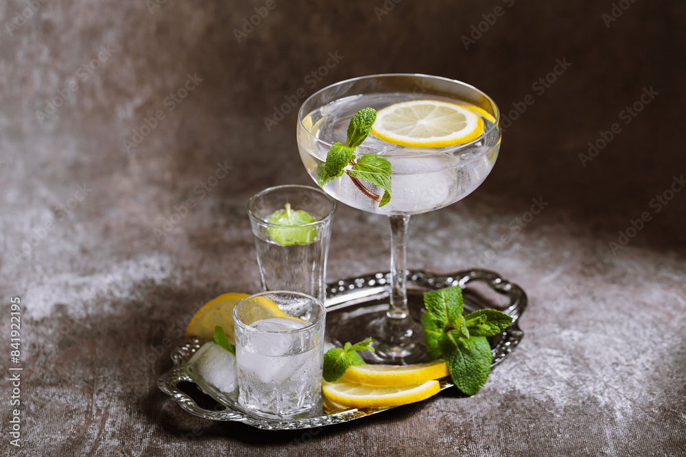 Collection of various glasses on silver tray filled with fresh summer drinks with ice, lemon and mint on grunge wall background. Cocktail party Collection of various glasses on silver tray filled with fresh summer drinks with ice, lemon and mint on grunge wall background. Cocktail party