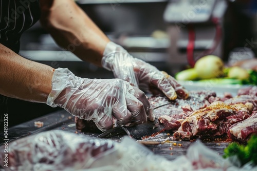 A butcher hands wearing protective gloves while slicing through a large cut of meat