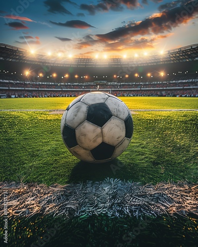 Black and white ball on green turf, central stadium area, shining under intense spotlights, twilight atmosphere