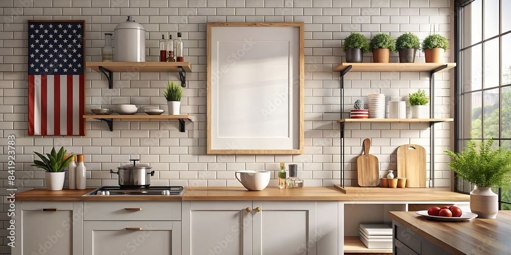 Fototapeta premium Bright And Airy Kitchen With White Brick Walls And Wood Shelves