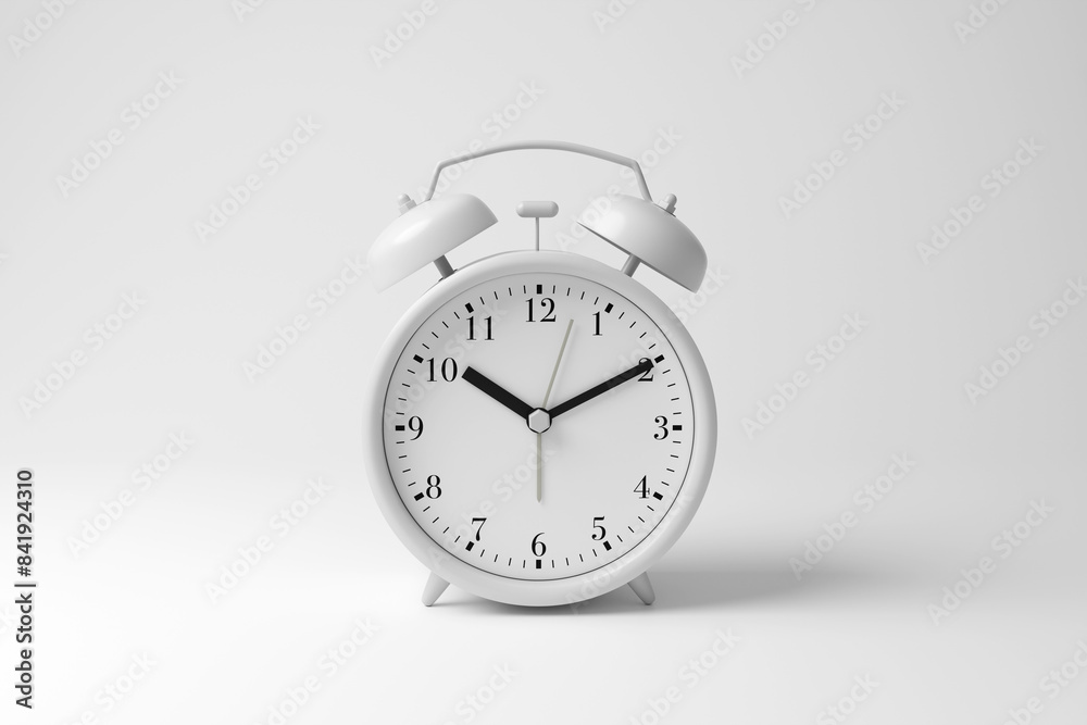 White alarm clock on white background in monochrome and minimalism. Illustration of the concept of morning calls, timelines, schedules and punctuality