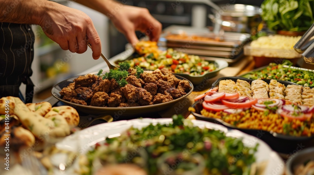 Obraz premium Detailed view of an iftar meal being prepared in a kitchen, with hands arranging food on platters