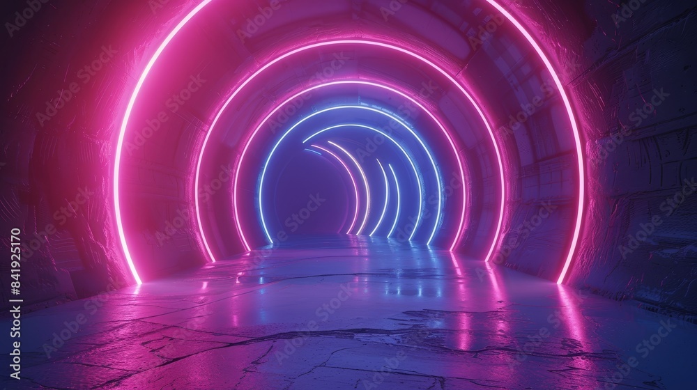 Pink blue neon spectrum framed tunnel, virtual reality portal, glowing lines, abstract background, fashion show stage, empty space, photo realistic, isolated, copy space