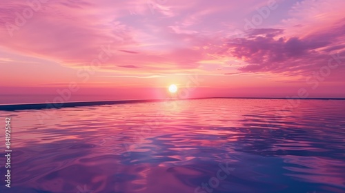 Pink and purple sunset over a peaceful ocean, with a reflecting pool leading towards the horizon, creating a serene and dreamy atmosphere, minimalistic composition, isolated on white background