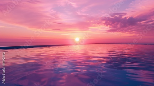 Pink and purple sunset over a peaceful ocean  with a reflecting pool leading towards the horizon  creating a serene and dreamy atmosphere  minimalistic composition  isolated on white background