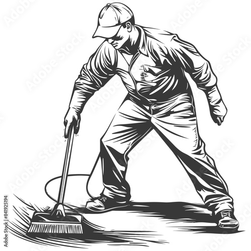 Monochrome Vector: Man in Uniform Sweeping with Force, Broom on Pavement, Powerful Stance.