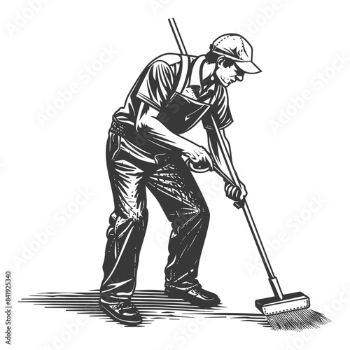 Monochrome Engraving: Man in Overalls Sweeping Floor with Push Broom, Focused Detail, Graphic Illustration.