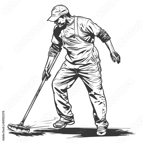 Sketch of worker sweeping, cleaning service, overalls, diligent manual labor.