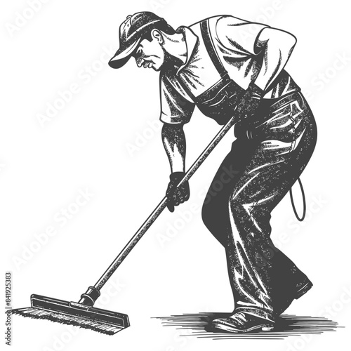Engraved Worker with Squeegee: Detailed Illustration of Manual Labor, Cleaning, and Cap.