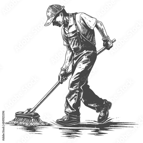 Etched Worker Sweeping: Overalls, Cap, and Broom in Grayscale.
