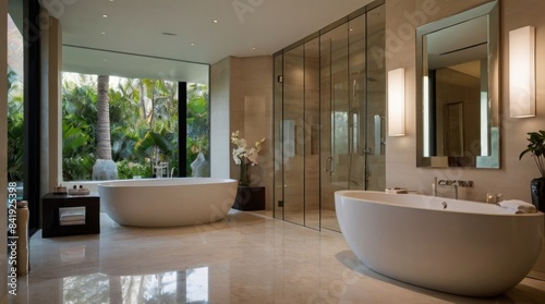 Elegant white bathtub interior design with minimalist decor