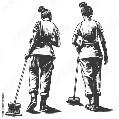 Vintage Illustration: Two Women Sweeping, Workwear, Back View.