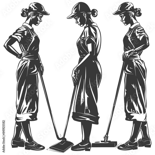 Vintage Retro Cleaning Ladies Trio: Sweeping Silhouettes in Black and White.