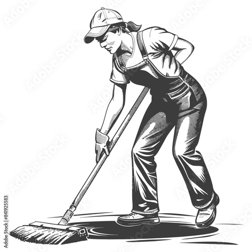 Monochrome Illustration: Woman in Overalls Mopping Floor, Retro Style.