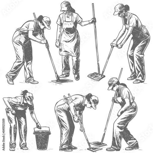 Janitorial Labor: Sketch Collection of Female Cleaners with Mops and Buckets.