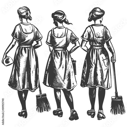 Vintage Cleaners: Three Women in Uniform, Back View, Broom & Supplies, Woodcut Style Illustration.