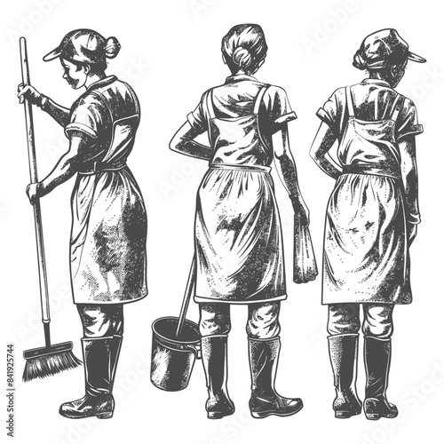 Vintage Ink Illustration: Cleaning Woman, Broom, Bucket, Three Views, Apron, Rubber Boots.