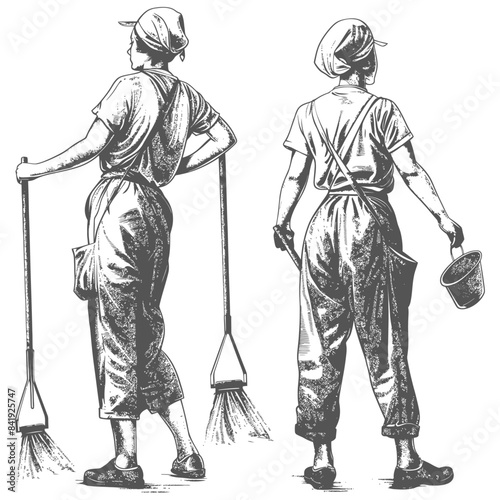 Vintage Janitor Illustration: Woman with Broom & Bucket, Two Views, Engraving Style