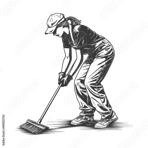 Woman sweeping, vintage sketch.