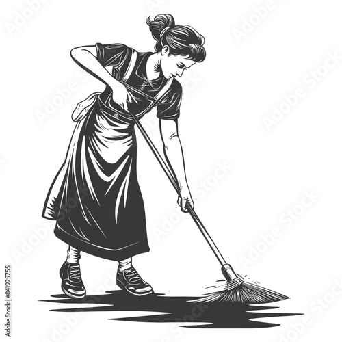 Vintage Housewife Sweeping Floor, Retro Style Illustration, Black and White.