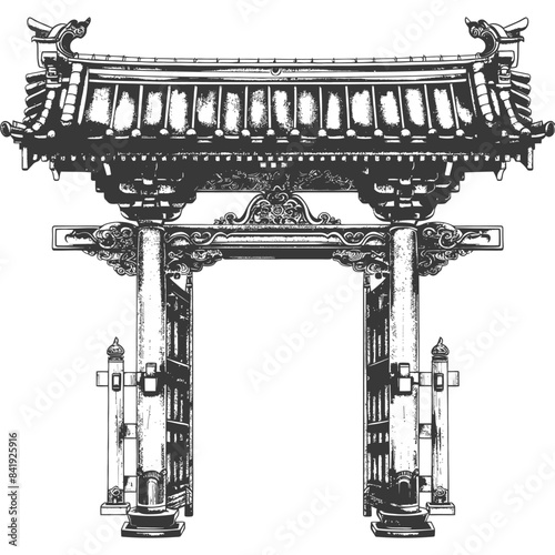 Intricate Sketch of an Asian Torii Gate: Detailed Architecture Illustration.