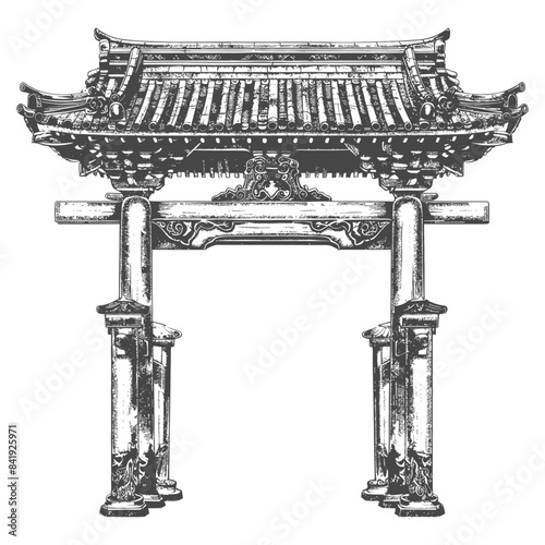 Ornate Chinese Gate: Detailed Black & White Illustration of Traditional Architecture.
