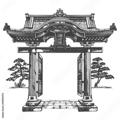 Engraved Japanese Torii Gate: Hand-drawn, Open Doors, Bonsai Trees, Stone Pathway