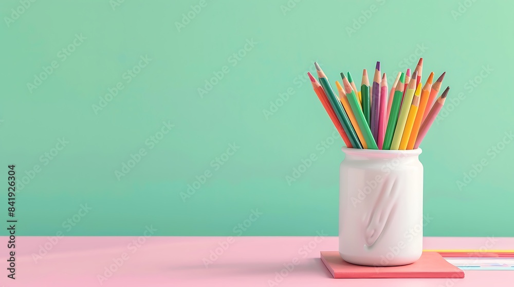 Crayons are in a white jar on a pink table with a green background Crayons are in a white jar on a pink table with a green background