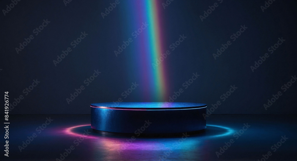 Empty navy display podium with rainbow light ray and reflections on minimal dark blue navy background, show stage pedestal for miracle, fantasy successful product curation and display, with copy space Empty navy display podium with rainbow light ray and reflections on minimal dark blue navy background, show stage pedestal for miracle, fantasy successful product curation and display, with copy space