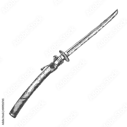 Etched Wakizashi: Antique Japanese Short Sword Illustration on White.