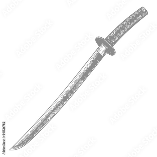 Etched Katana: Vintage Japanese Sword Illustration on White.