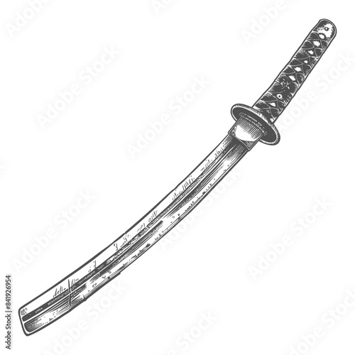 Etched Katana: Japanese Sword with Detailed Grip, Isolated Vector Illustration