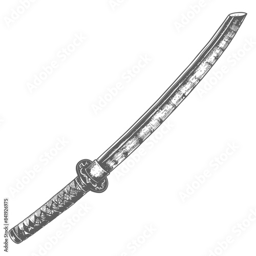 Etched Katana: Traditional Japanese Sword, Shabby-Chic Illustration, Isolated.