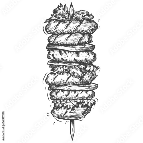 Skewered Grilled Food Stack, Hand-Drawn Sketch, Culinary Illustration.