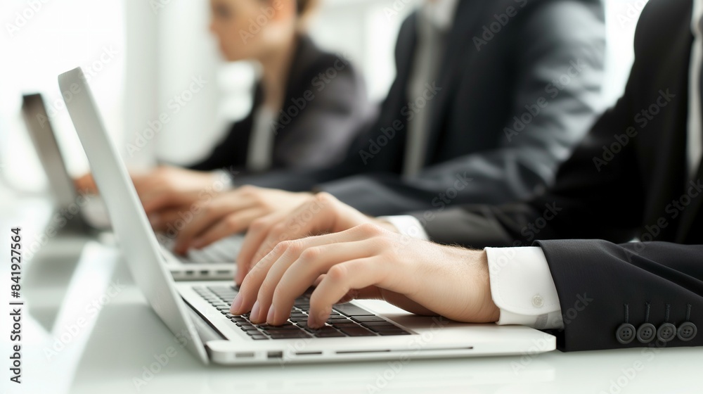 Focused professionals typing on laptops during a business meeting in a modern office. Focused professionals typing on laptops during a business meeting in a modern office.