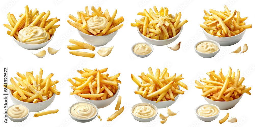 Set of French Fries With Roasted Garlic Dip isolated on transparent png background. Generative ai Set of French Fries With Roasted Garlic Dip isolated on transparent png background. Generative ai