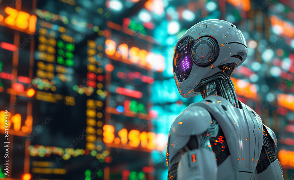 Robot analyzing stock market data on digital screens. Robot analyzing stock market data on digital screens.