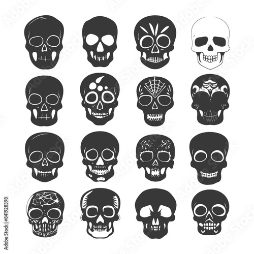 Sixteen Skulls: Variety of Black & White Decorative Skull Illustrations on White Background