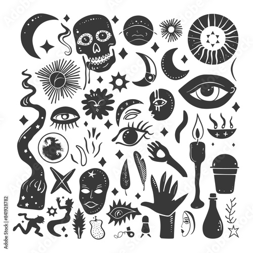 Esoteric Symbols Collage: Black and White Magic, Skulls, Eyes, and Celestial Objects