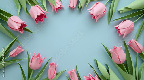 A blue background with pink tulip flower frame, romantic background © Sunday Cat Studio