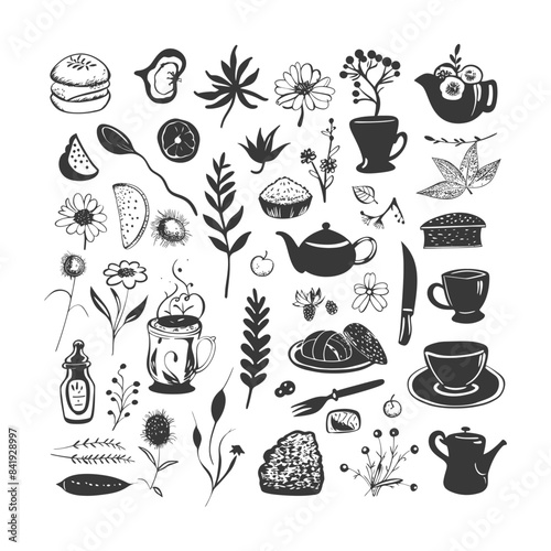 Hand-drawn food and beverage icons: Coffee, tea, flowers, and gourmet desserts.